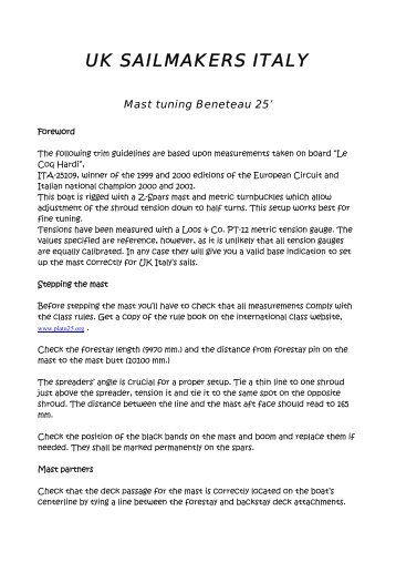 UK SAILMAKERS ITALY Mast tuning Beneteau 25