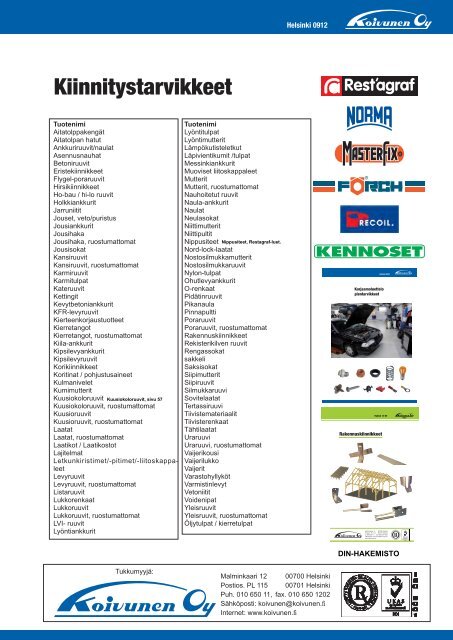Kiinnitystarvikkeet luettelo - Koivunen Oy