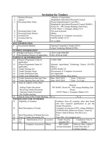 Invitation for Tenders - Bangladesh Agricultural Research Council