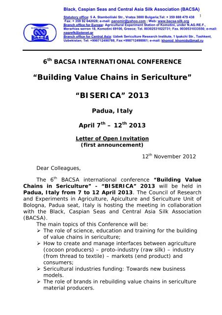 “Building Value Chains in Sericulture” “BISERICA” 2013 - BACSA