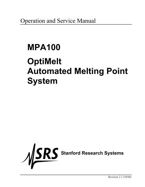 MPA100 OptiMelt Automated Melting Point System MPA100 OptiMelt Automated Melting Point System