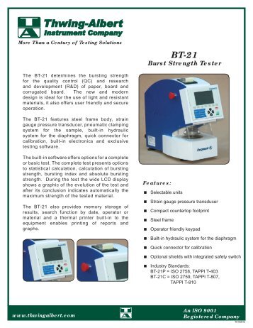 BT-21 Burst Strength Tester - Thwing-Albert Instrument Co