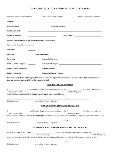 tax certification affidavit for contracts - City of Springfield