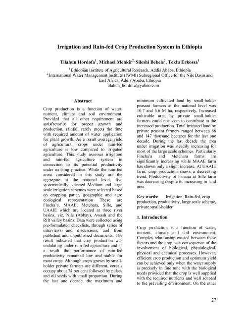 Irrigation and Rain-fed Crop Production System in Ethiopia