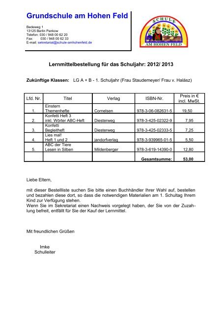 Schulbuchbestellung 2012-13 - Schule am Hohen Feld