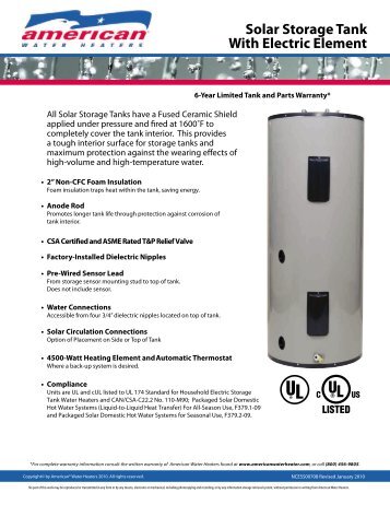 Solar Storage Tank With Electric Element - American Water Heaters