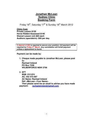 Jonathan McLean Sydney Clinic Booking Form - Horsezone