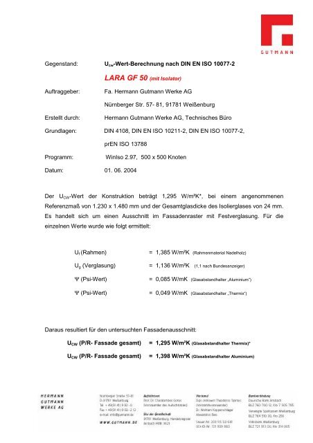 Ucw-Wert-Berechnung nach DIN EN ISO 10077-2 ... - Gutmann AG