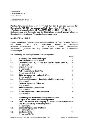 Entwurf der Stellungnahme und der Einwendungen der Stadt Wesel