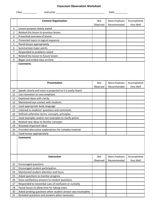 Class Observation Worksheet