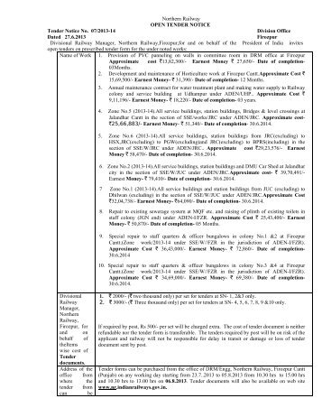 Northern Railway OPEN TENDER NOTICE Tender Notice No. 07 ...