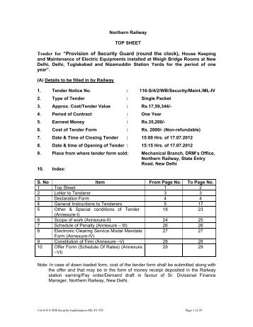 Tender for âProvision of Security Guard (round ... - Northern Railway