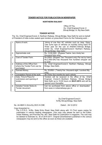 TENDER NOTICE FOR PUBLICATION IN ... - Northern Railway