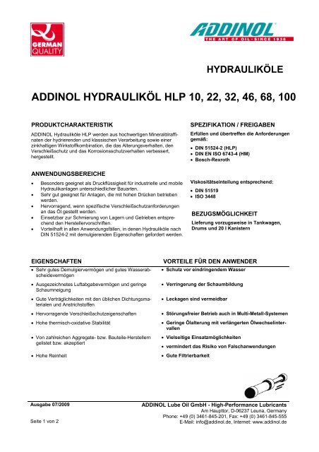 hydrauliköle addinol hydrauliköl hlp 10, 22, 32, 46, 68, 100