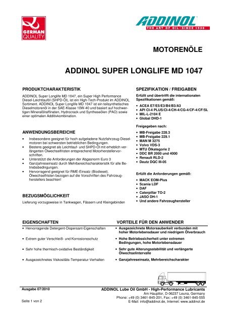 motorenöle addinol super longlife md 1047