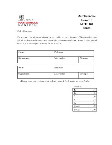 Questionnaire Devoir 3 MTH1101 E2012 - Moodle