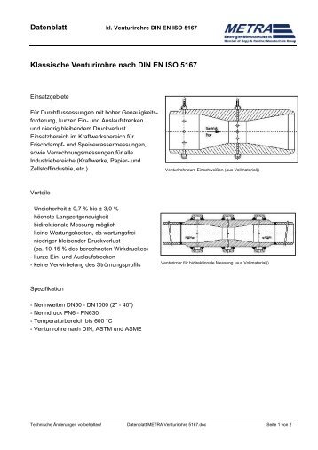 Datenblatt Klassische Venturirohre nach DIN EN ... - METRA Energie