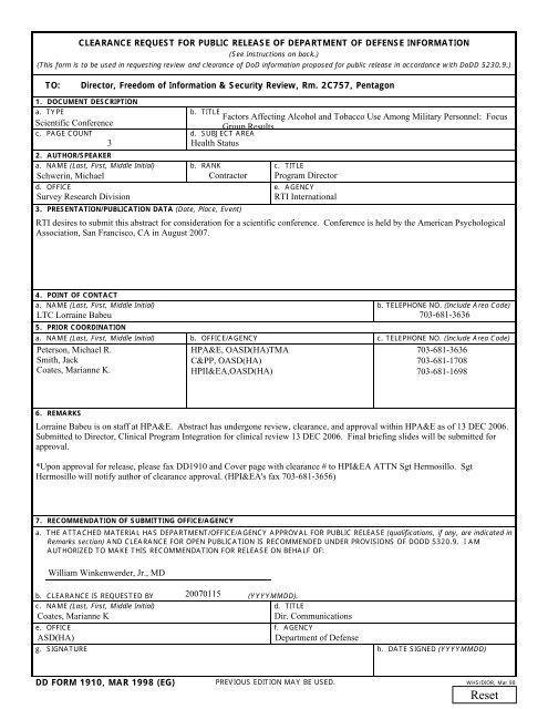 DD Form 1910 Clearance Request For Public Release Of Tricare DD Form 1910 Clearance Request For Public Release Of Tricare