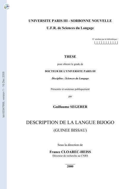 [tel-00347666, v1] Description de la langue bijogo (GuinÃ©e ... - CNRS