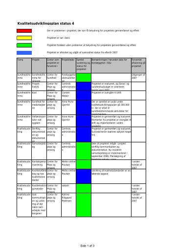 Skema over projekter indeholdt i kvalitetsudviklingsplanen, forår 2007