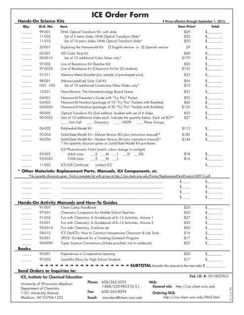 ICE Order Form - Institute for Chemical Education - University of ...