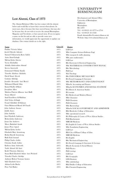 1973 Lost Alumni List - University of Birmingham
