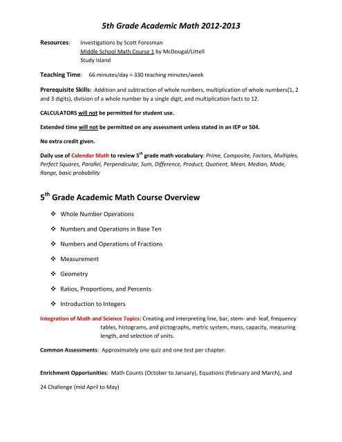 5th Grade Academic Math 2012-2013 5 Grade Academic Math ...