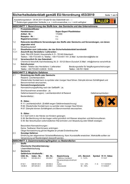 Sicherheitsdatenblatt Klebstoff Faller Expert