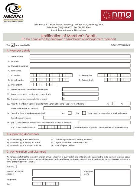 Notification of Member's Death - nbcrfli.org.za