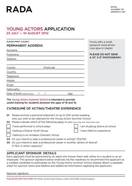 YOUNG ACTORS APPLICATION - RADA