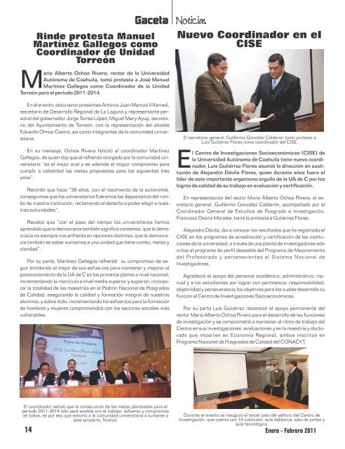 Gaceta Enero - Febrero-2011 X4 - Universidad AutÃ³noma de Coahuila