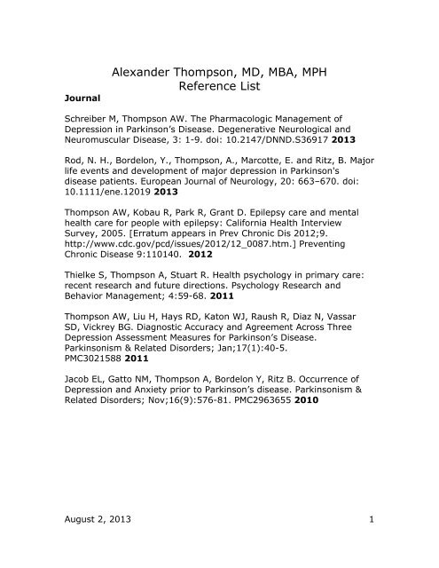 Alexander Thompson, MD, MBA, MPH Reference List