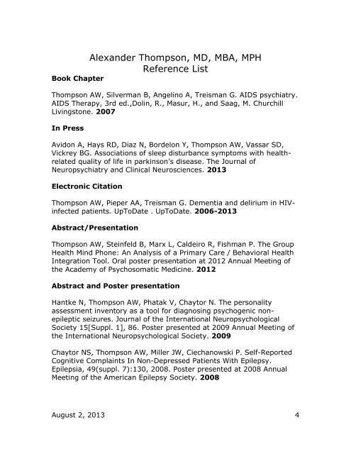 Alexander Thompson, MD, MBA, MPH Reference List