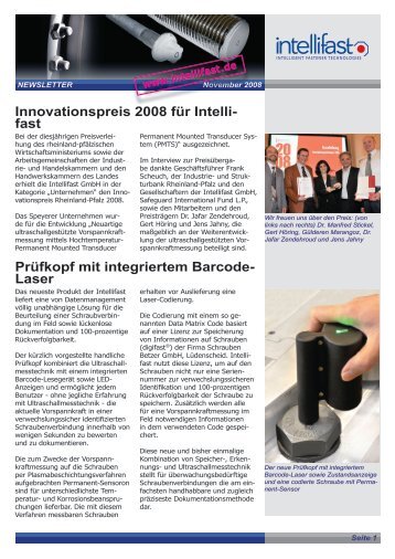 Innovationspreis 2008 für Intelli - Intellifast