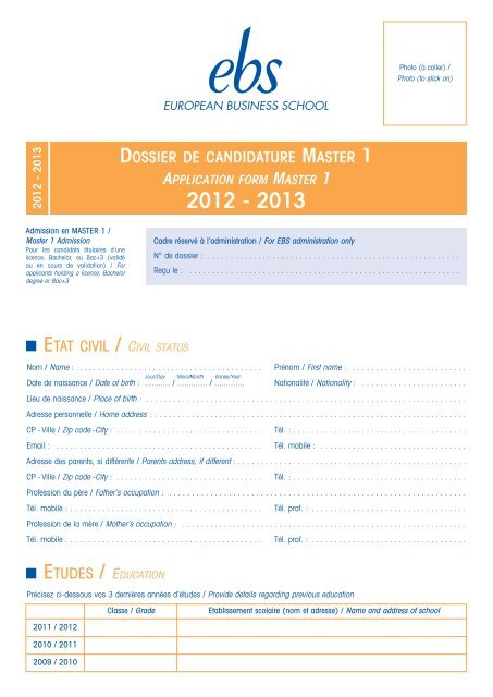 Dossier de candidature Master 1 - EBS Paris