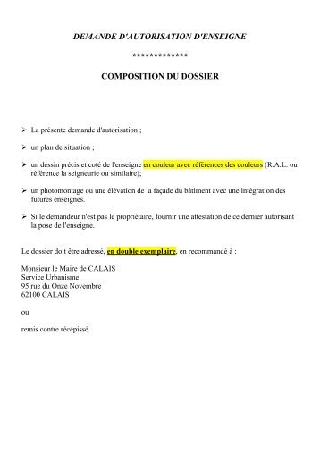 DEMANDE D'AUTORISATION D'ENSEIGNE