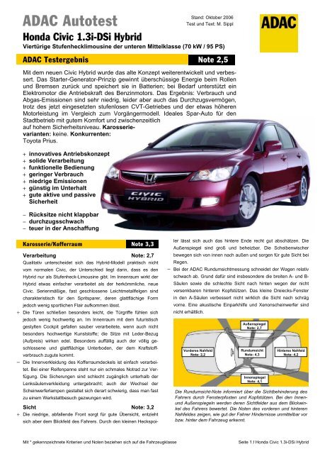 Umfassender Test Honda Civic 1.3i-DSi Hybrid - ADAC