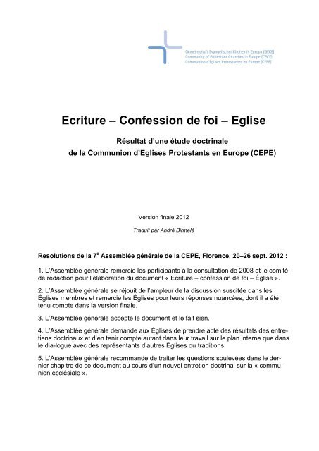 Ecriture â Confession de foi â Eglise - Community of Protestant ...