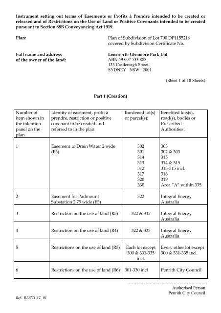 Instrument setting out terms of Easements or Profits Ã ... - Stockland