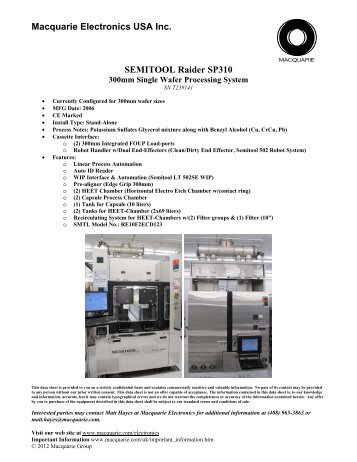 Macquarie Electronics USA Inc. SEMITOOL Raider SP310