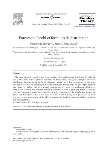 Formes de Jacobi et formules de distribution - DÃ©partement de ...