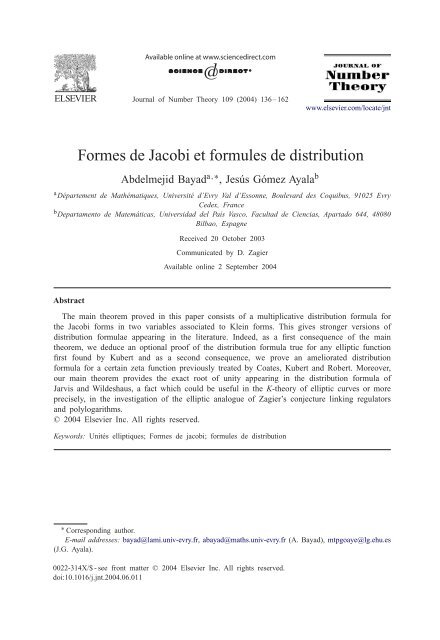 Formes de Jacobi et formules de distribution - DÃ©partement de ...