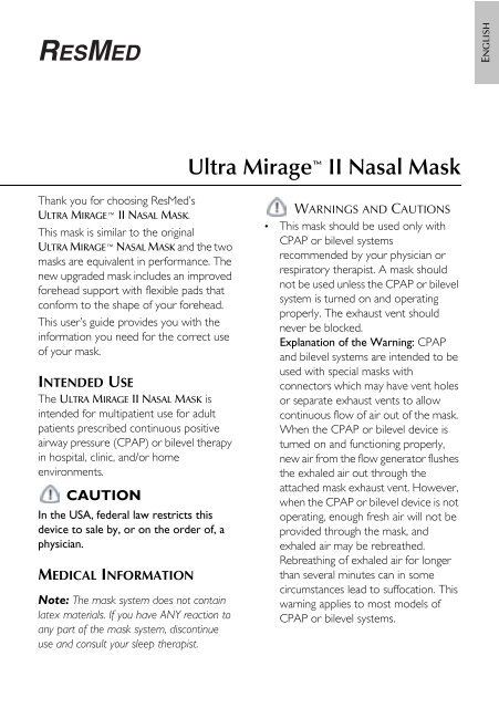 Ultra Mirage II Nasal Mask - Alpine Home Medical Equipment