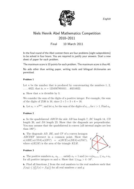 Niels Henrik Abel Mathematics Competition 10a 11