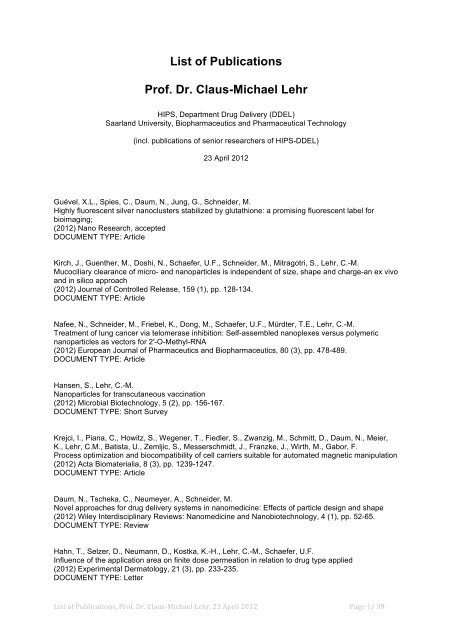 List of Publications, Prof. Dr. Claus-‐Michael Lehr