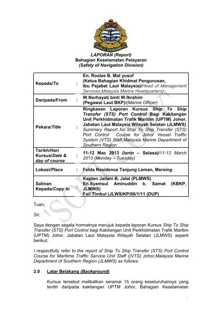 Ringkasan Laporan Kursus Sts Port Control Jabatan Laut Malaysia