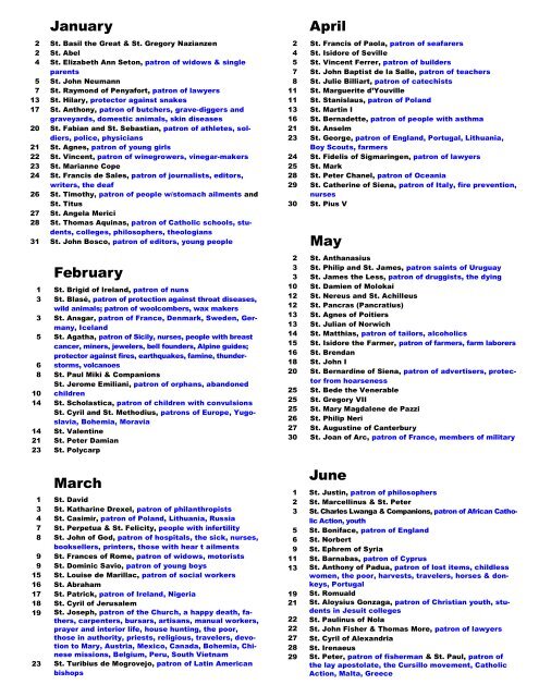 Patron Saints BY MONTH - for confirmation names - The Roman ...