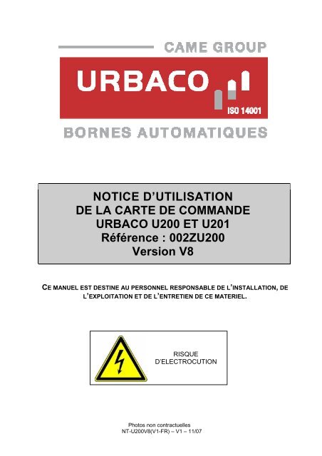 NOTICE D'UTILISATION DE LA CARTE DE COMMANDE URBACO ...