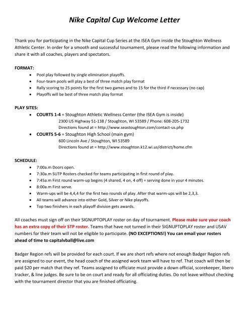 Nike Capital Cup Welcome Letter - Wisconsin Select Volleyball Club