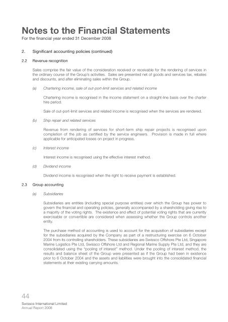 Notes to the Financial Statements - Swissco Holdings Limited